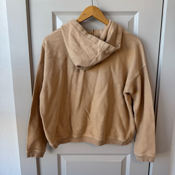 Aerie Oversized Ribbed Crop Drawstring Sweatshirt Hoodie in Camel Size Medium - Picture 5 of 5